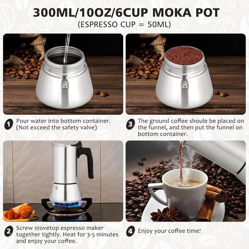 VONATES Stovetop Espresso Maker Stainless Steel Moka Pot, 6 cup Espresso Coffee Pots 300ml/10oz(Espresso Cup=50ml/1.7oz), Italian Coffee Maker for Induction Cookers Hobs, Cafe Maker for Camping Home - Image 4